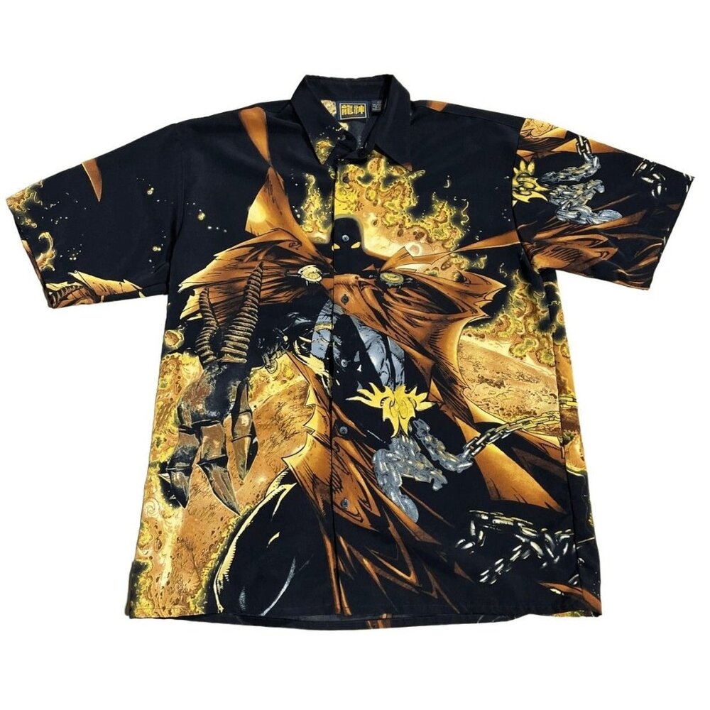 Vintage Billion Bay Men's Black Fieri Spawn Comic Book Button-Up Rare Large.